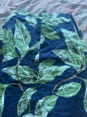 Ann Taylor Factory Navy A-Line Skirt with Green Leaf Print